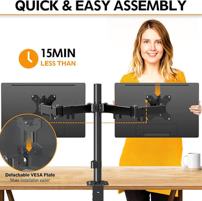 Dual Monitor Desk Mount, Max 32 Inch up to 17.6lbs, Fully Adjustable Dual Monitor Arm for 2 LCD Screens, Double Monitor Stand with C-Clamp and Grommet Base