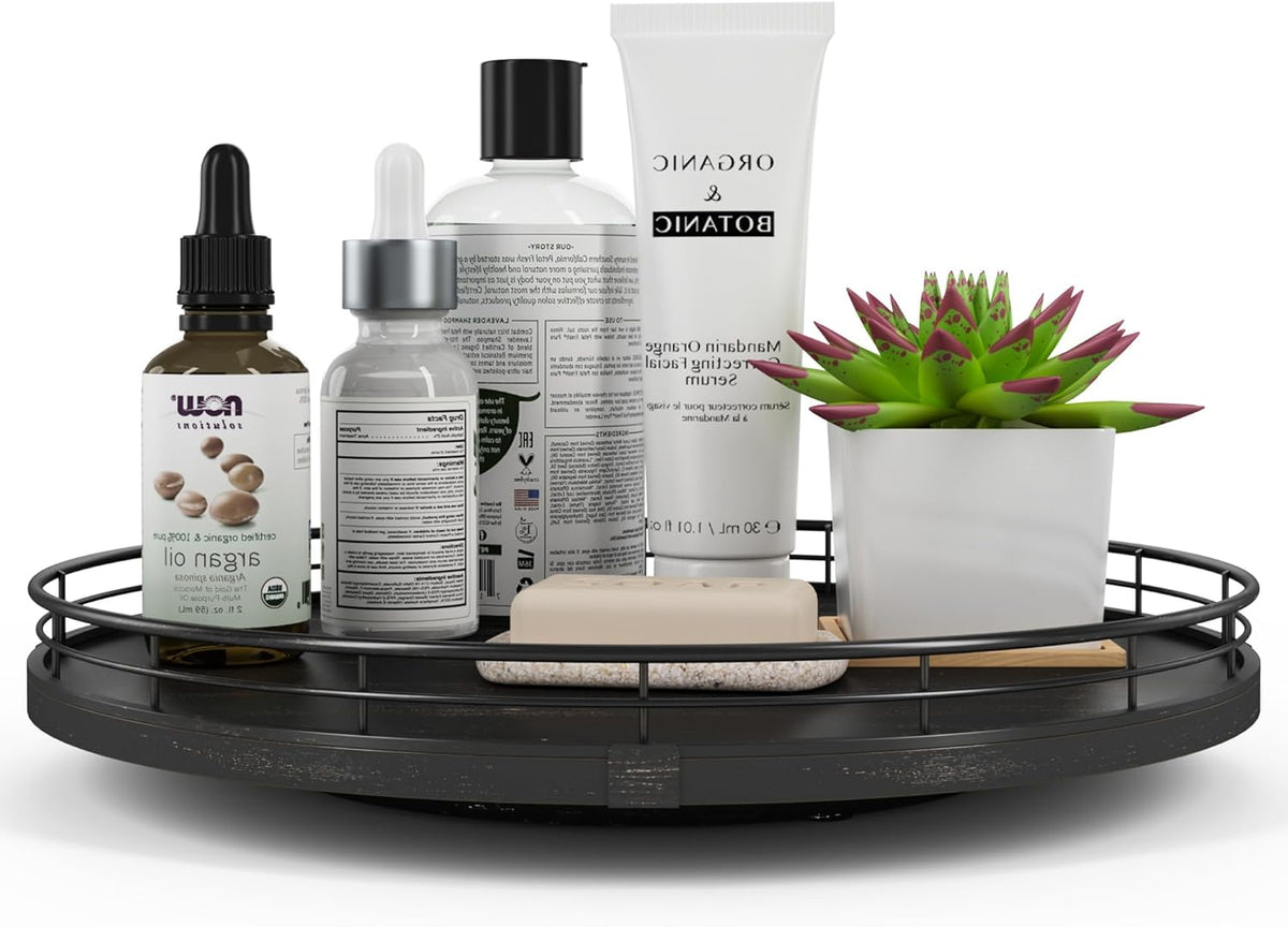 Farmhouse Oak 9" Lazy Susan Turntable Organizer for Cabinet, Round Wooden Lazy Susan Organization and Storage for Dining Table, Pantry, Kitchen, Countertop, Cupboard,Home Decor, Walnut Wood