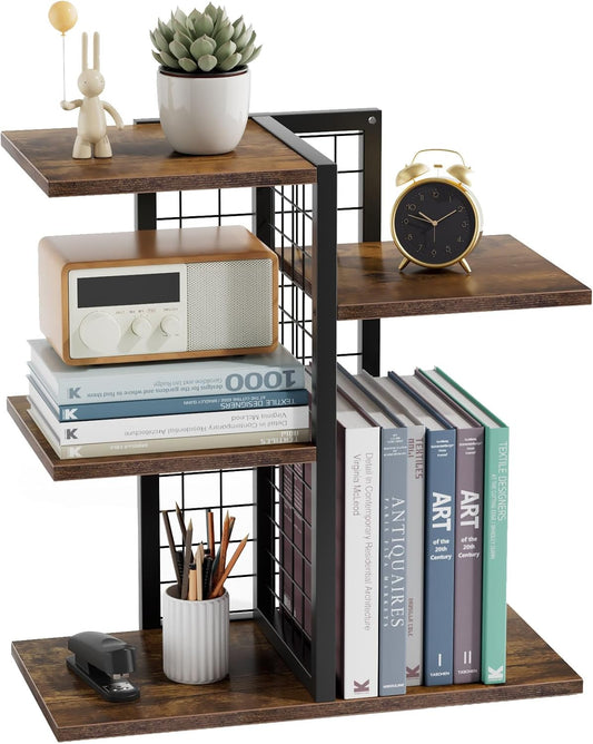 4 Tier Desk Shelf Organizer, Desk Shelf for Top of Desk,Adjustable Tabletop Bookshelf Wood Desktop Shelf for Home Office Dorm, Brown