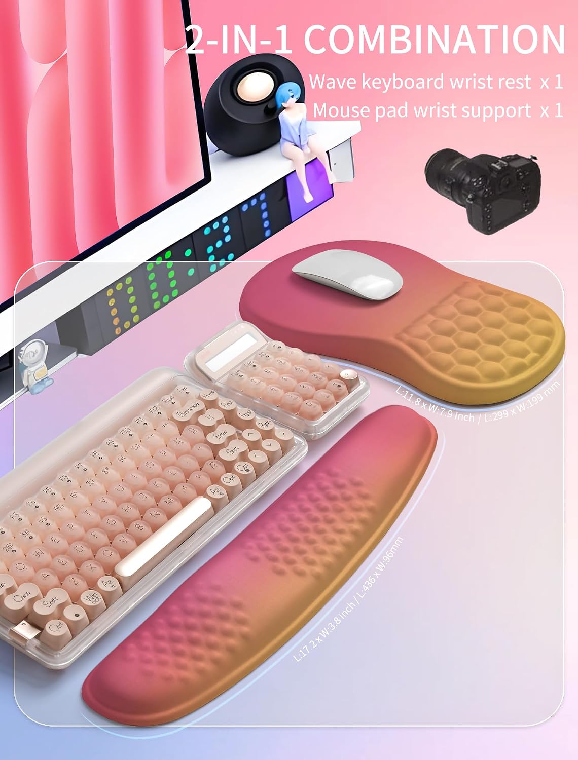 2in1 Combination, Wave Keyboard Wrist Rest and Ergonomic Curvature Mouse Pad Wrist Support for Relieve Wrist Pain, Filled with Soft Cushion Memory Foam, Black