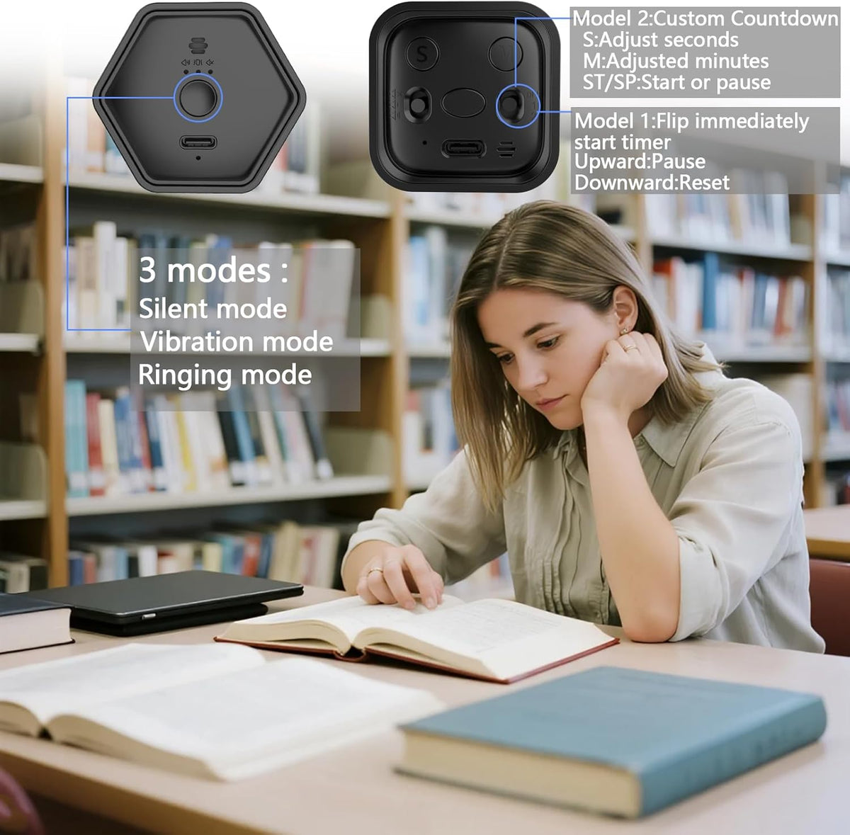 Rotating Cube Timer - 1/5/10/30/60min Presets, Gravity Sensor Pomodoro Stopwatch, 3 Sound Modes, ADHD Study Tool for Office/Kitchen/Classroom (F6 Black)