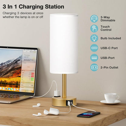 Fenmzee Bedside Table Lamp for Bedroom - Dimmable Touch, USB A+C, AC Outlet