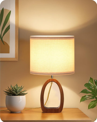 Small Table Lamp, 14.2" Cute Little Desk Lamp, Wood Bedside Lamp with Linen Lampshade, Modern Nightstand Lamp for Bedroom, E26 Base, Bulb Not Included, Beige and Dark Natural LE07TL05