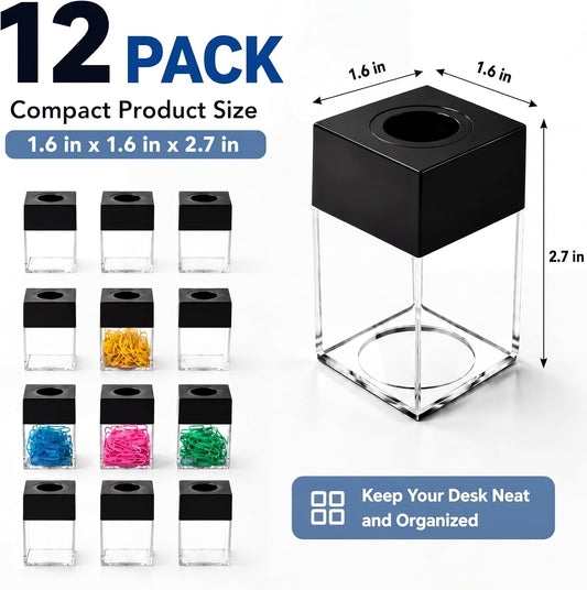 Seajan 12 Pack Magnetic Paper Clip Dispenser Paper Clip Holder Back to School Black Paperclip Dispenser Magnetic Desktop Organizer for Desk School Office Home Supplies