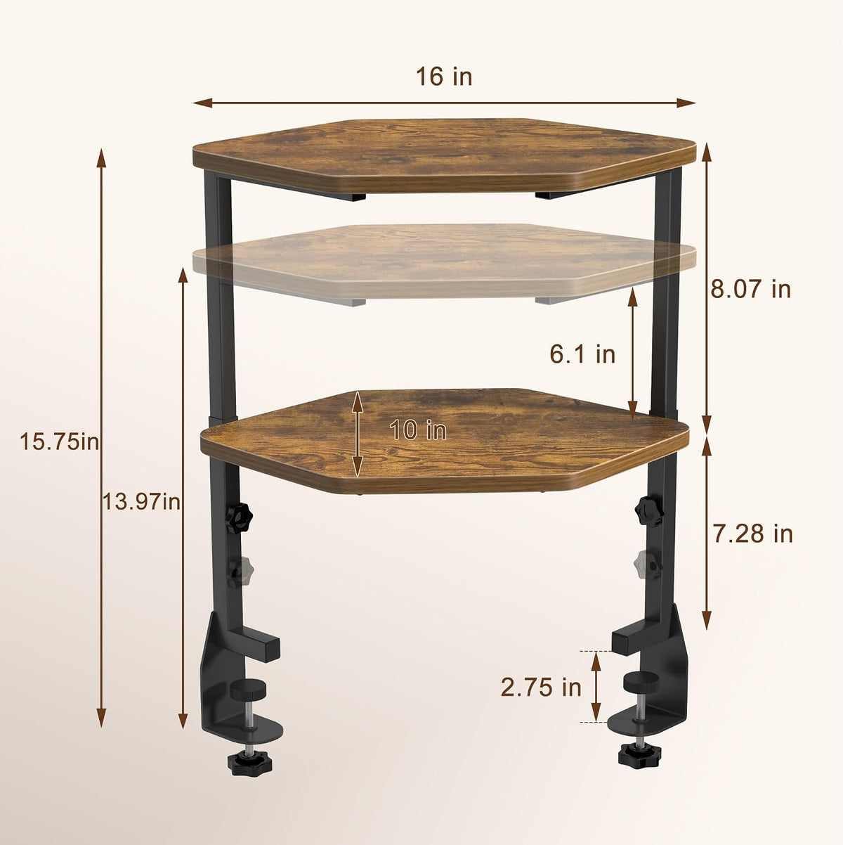 Corner Clamp-on Shelving Above or Below Desk 2 Tier 16 inch Organizer for Table Accessories, Gaming Devices and More