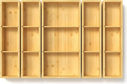 DUJEN Bamboo Drawer Organizer 12.5'' X 12.5'' X 2'', Adjustable 3 Individual Junk Drawer organizer for Bathroom and Kitchen, Wood Drawer Tea Organier Boxes for Silverware, Make up and Tea Bag