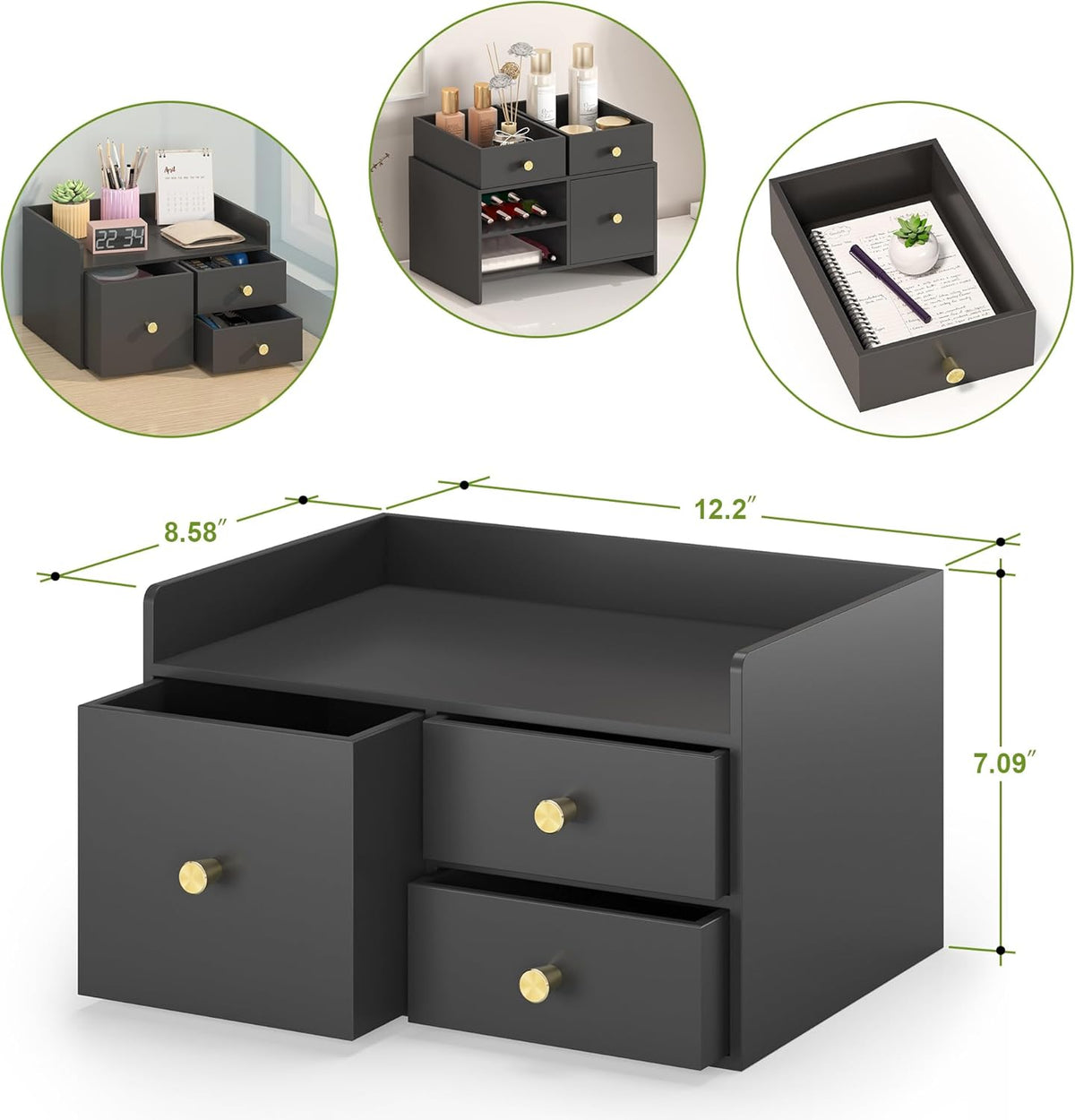 Bamboo Desk Organizer with Drawers Wooden Desktop Storage Drawers (1, Black 3 Drawer)