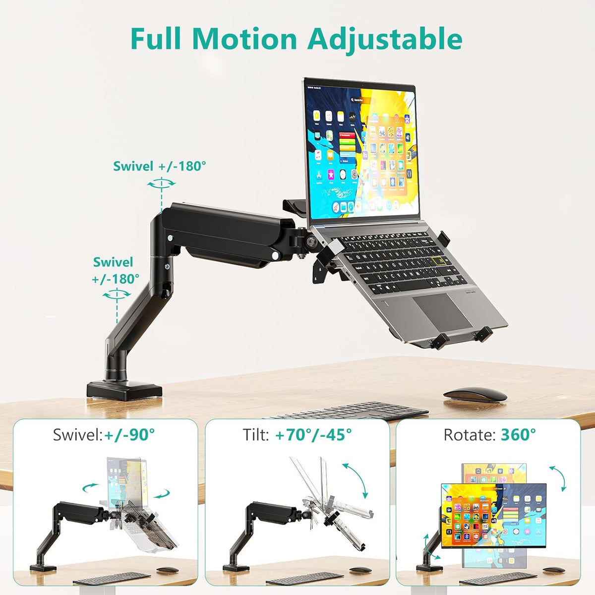 WALI Single Arm Laptop and Monitor Desk Mount for 17" Notebook and Up to 32" Screen, 2-in-1 Adjustable Monitor Arm with Laptop Tray, VESA 75x75 100x100,Holds 22-26.4 lbs, Black (GSMP001NLP)