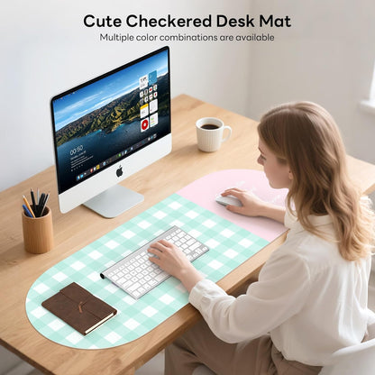 Checkered Pattern Desk Pad Protector, 35.5 x 13'' Aesthetic Mouse Mat for Desktop, Waterproof PU Leathe Non-Slip Desk Writing Pad for Office and Home, Green and Purple