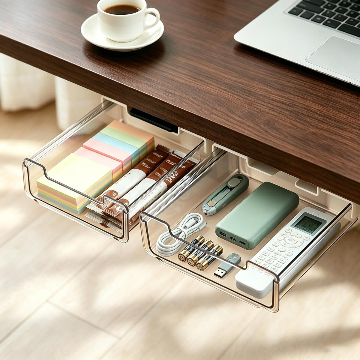 Under Desk Storage Drawer Organizer,2 Pack Self-Adhesive Slide Out Desk Drawers Under Table for Shelf,Office Supplies,Home,Clear White,LM