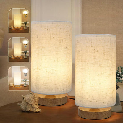 Small Bedside Table Lamp for Bedroom,Natural Round Wood Base&Fabric Linen Shade,Cozy Night Table Light for Study Reading,Minimalist Boho Desk Lamp for Nightstand,Living Room,Nursery,Kitchen,Dorm