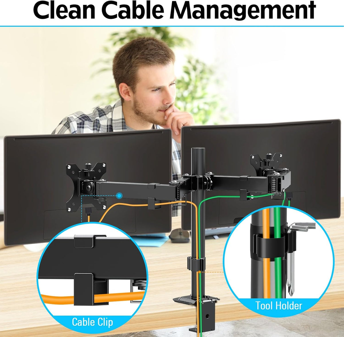 Dual Monitor Desk Mount, Max 32 Inch up to 17.6lbs, Fully Adjustable Dual Monitor Arm for 2 LCD Screens, Double Monitor Stand with C-Clamp and Grommet Base