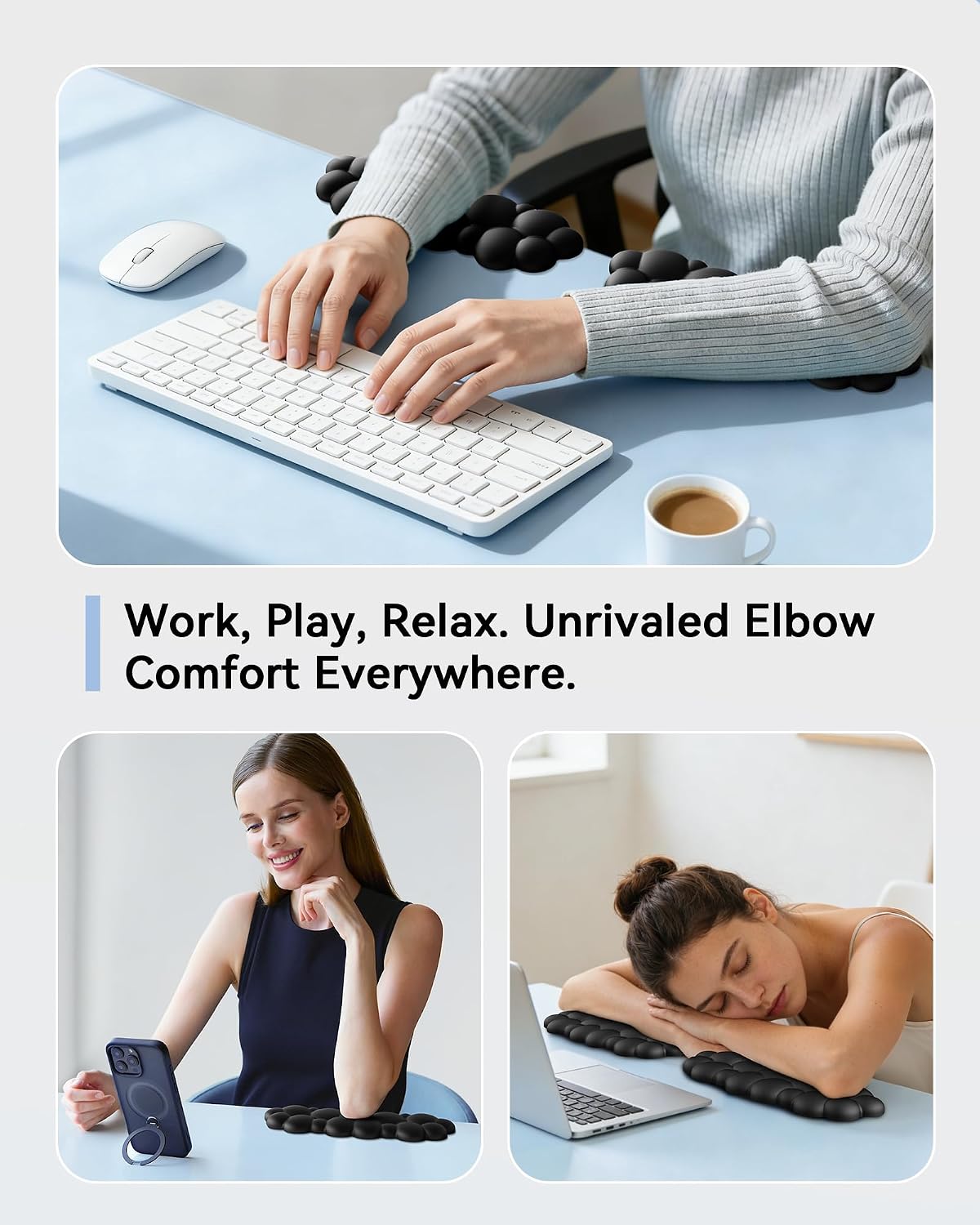 Laborio Elbow Pad for Desk, 2-Pack L-Shaped Desk Edge Arm Rest Cloud Wrist Rest, Non-Slip Memory Foam Wrist Pads, Black Wrist Support for Keyboard, Mouse, Laptop