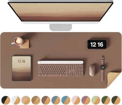 Double-Sided Desk Pad, 31.5"x15.7"Leather Desk Mat, Eco Cork Desk Pad Protector,Large Mouse Pad,Waterproof Desk Blotter for Office/Home(Coffee)
