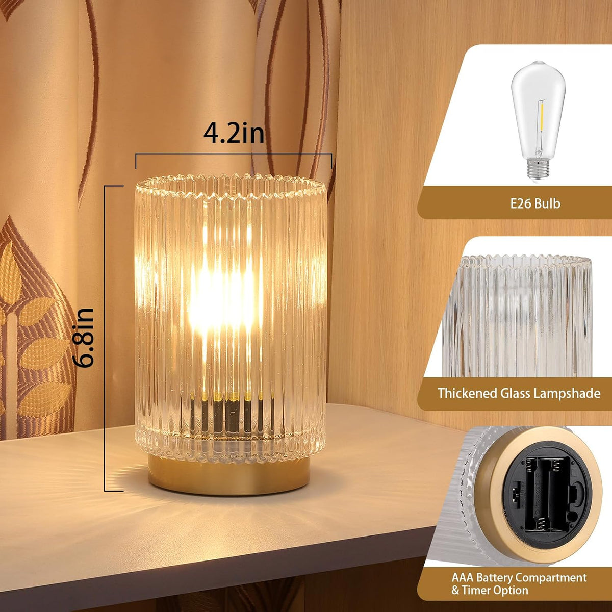 Battery Operated Lamp, Cordless Table Lamp with Timer, Desk Bedside Lamps with LED Warm Light, Glass Small Table Lamp for Bedroom, Bathroom, Living Room, Home Decor - Amber