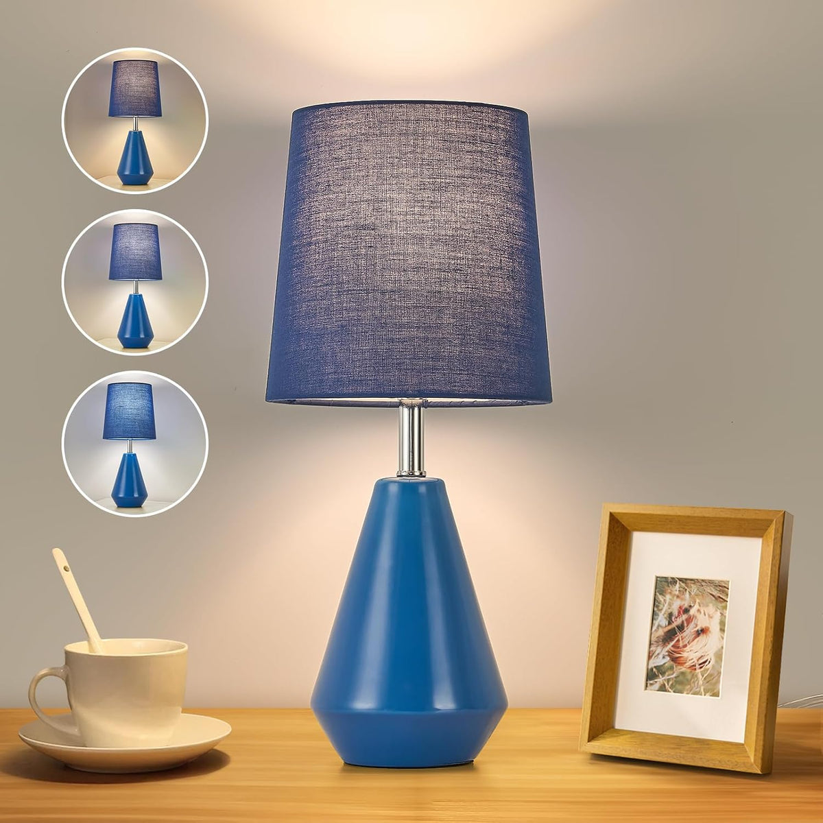 Small Bedside Table Lamp for Bedroom - Reading Desk Lamp with 3 Color Temperatures，15.5" Nightstand Ceramic Lamp with Fabric Shade for Kids Room,Living Room,Dorm,Home Office (Green)
