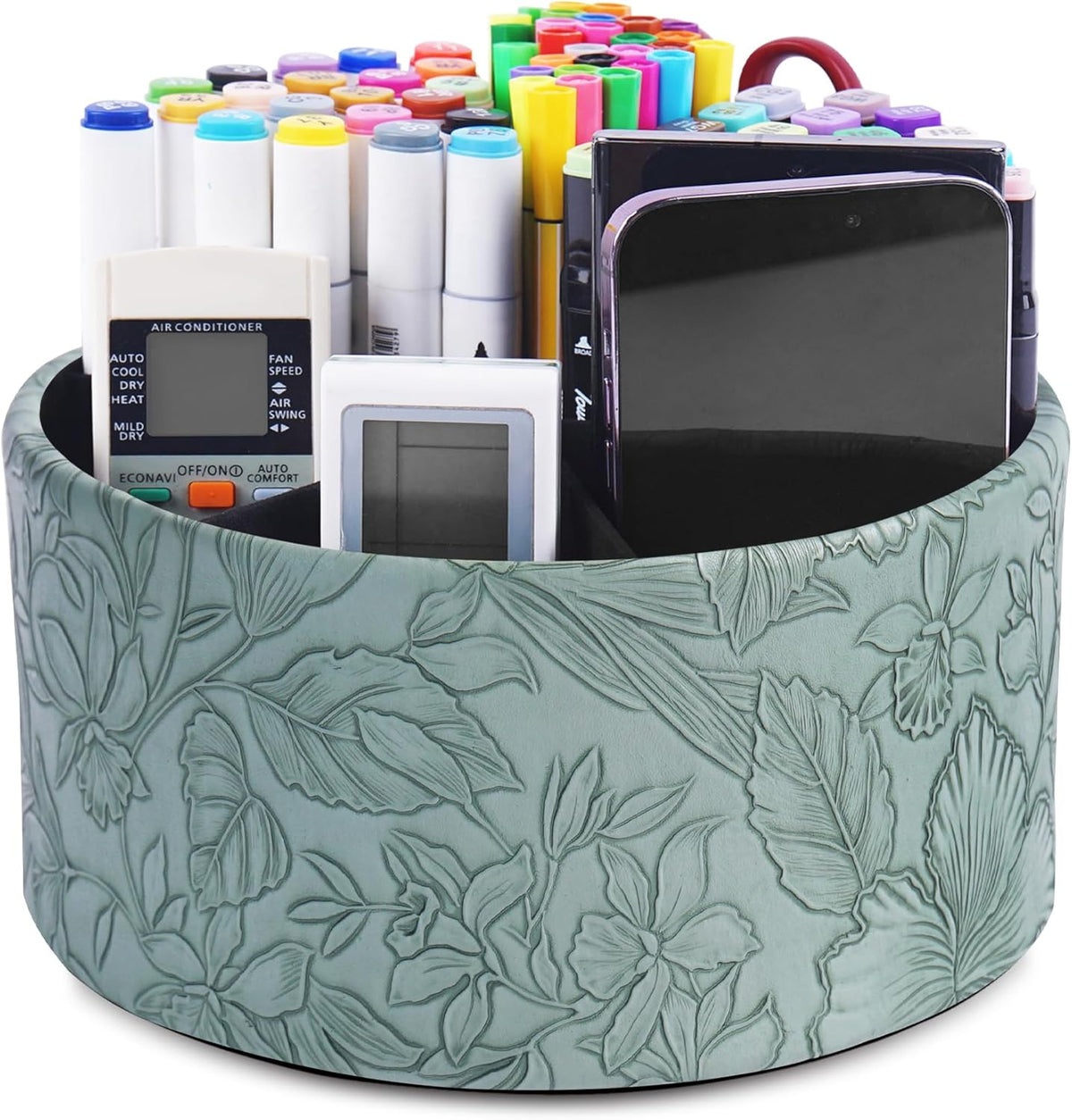Round Leather Art Supply Organizer,Remote Control Holder,360 Degree Rotating,Multi-Functional Pencil Holder,4 Compartments Desktop Stationary Organizer(1-Blue Bird) - Colors C