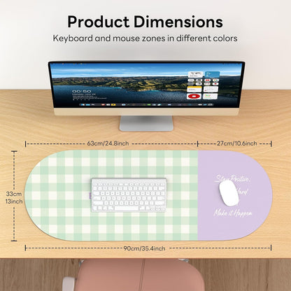 Checkered Pattern Desk Pad Protector, 35.5 x 13'' Aesthetic Mouse Mat for Desktop, Waterproof PU Leathe Non-Slip Desk Writing Pad for Office and Home, Green and Purple