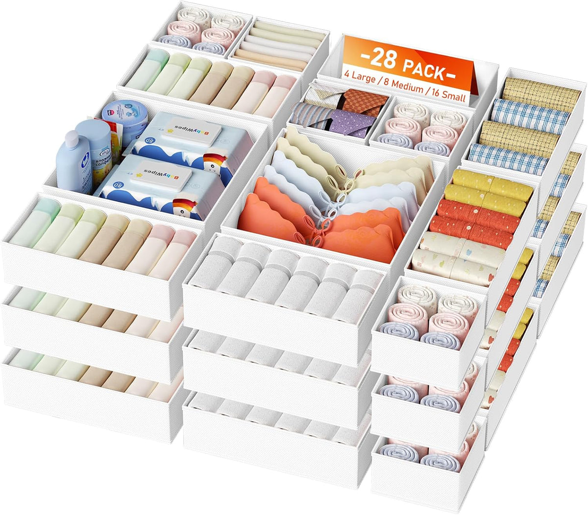 Drawer Organizer Clothes, Dresser Organizer, Foldable Closet Organizers and Storage, Fabric Dresser Bins, Drawer Dividers for Nursery, Baby Clothes, Underwears, Sock (Beige)