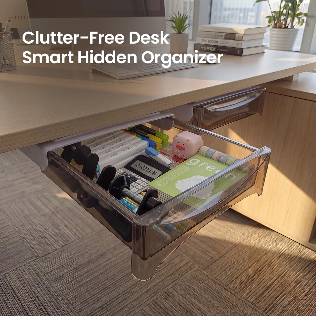 Under Desk Drawer 2-pack from 2B Neat - Self Adhesive Hidden Drawers - Heavy Duty Plastic - Easy Installation - Under Shelf Organizer for Office and Schools Supplies