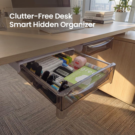 Under Desk Drawer 2-pack from 2B Neat - Self Adhesive Hidden Drawers - Heavy Duty Plastic - Easy Installation - Under Shelf Organizer for Office and Schools Supplies
