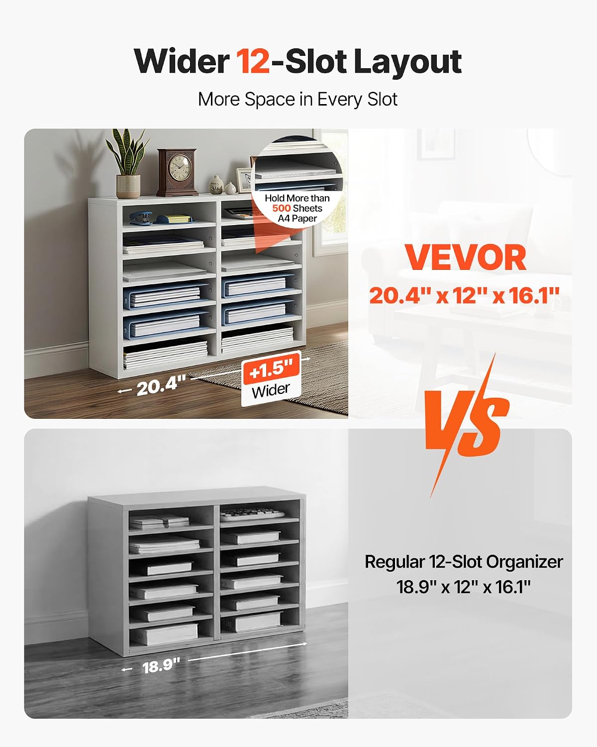 VEVOR Literature Organizers, 12 Compartments Office Mailbox with Adjustable Shelves, Wood Literature Sorter 20.4x12x16.1 inches for Office, Home, Classroom, Mailrooms Organization, EPA Certified White