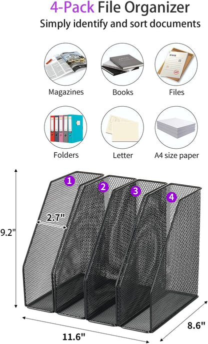 AUPSEN 5-Section File Organizer for Desk, Wood Mesh Desktop File Organizer, File Sorter Storage Rack, Vertical Folder Holder for Files, Magazines, Books (Black)