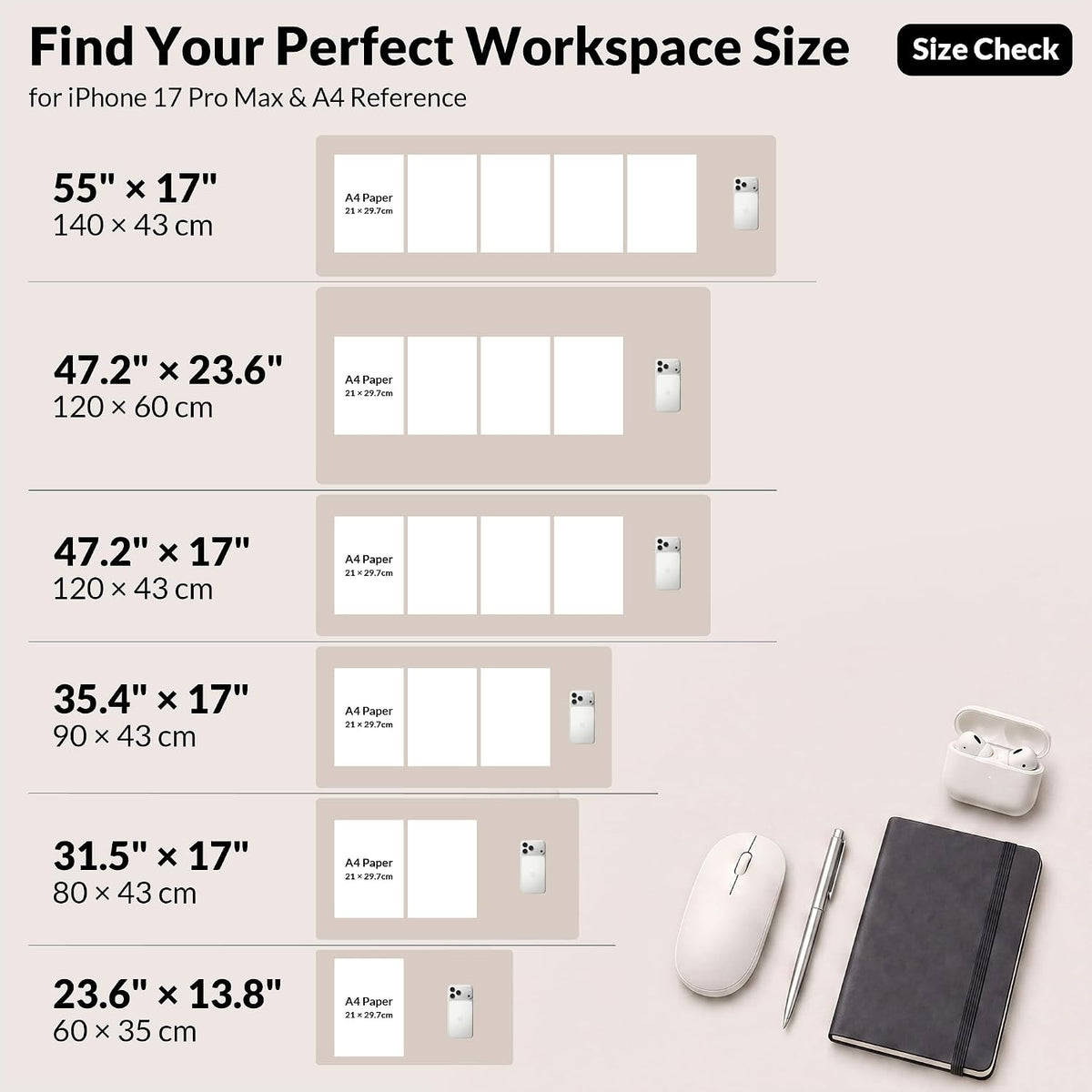 Large Desk Mat, 47" x 17", Black
