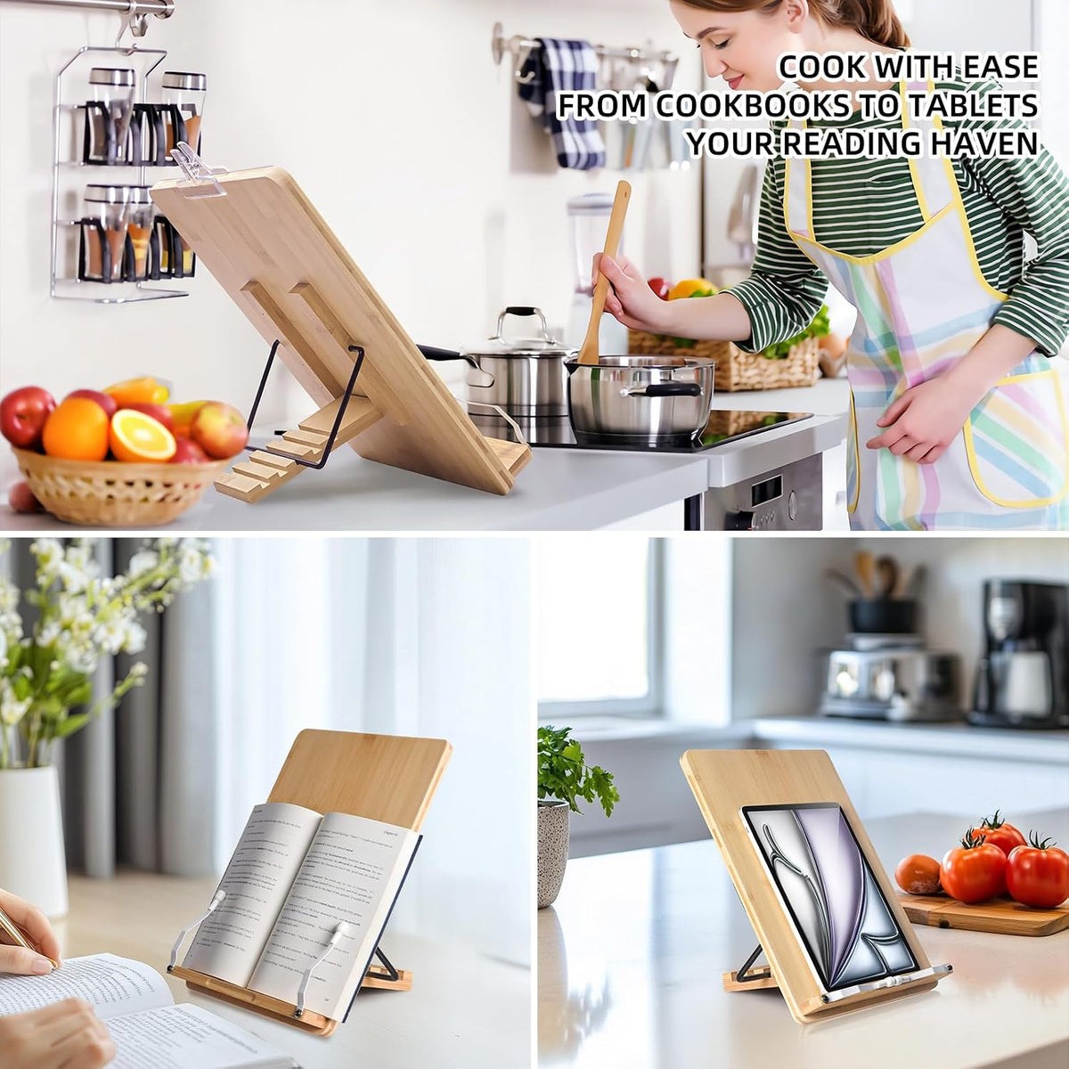 wishacc Large Bamboo Document Holder for Desk - 5 Adjustable Angles Paper Stand for Typing, Oversized Copyholder & Desktop Easel with 2 Page Clips, Foldable Sheet Holder for Legal Pad