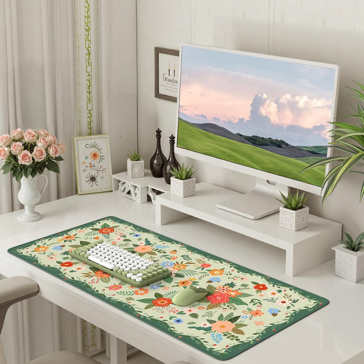Desk Mat,Mouse Pad for Office Desk,35.4x15.7in,Pink Flowers