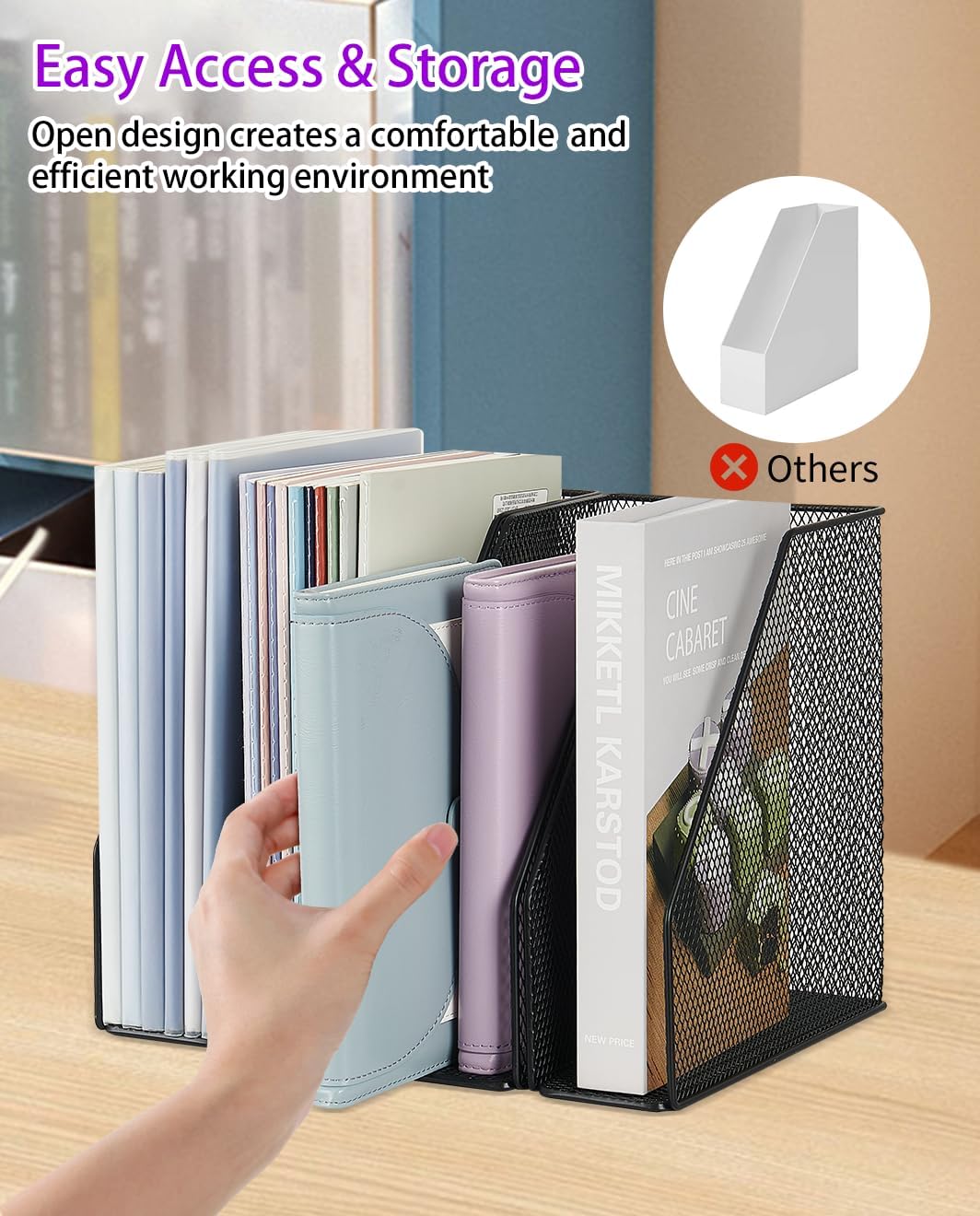 AUPSEN 5-Section File Organizer for Desk, Wood Mesh Desktop File Organizer, File Sorter Storage Rack, Vertical Folder Holder for Files, Magazines, Books (Black)