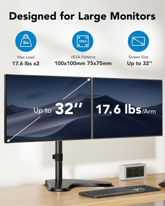 32 inches Dual Monitor Stand up to 17.6lbs per Arm, High-Grade Aluminum Free Standing Dual Monitors Mount for 2 Screens. Fully Adjustable Dual Monitor Stand for Desk with Tilt, Swivel, Rotation