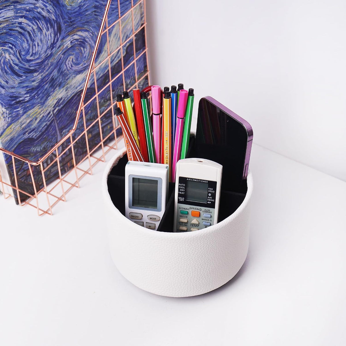 Round Leather Art Supply Organizer,Remote Control Holder,360 Degree Rotating,Multi-Functional Pencil Holder,4 Compartments Desktop Stationary Organizer(1-Blue Bird) - Colors B