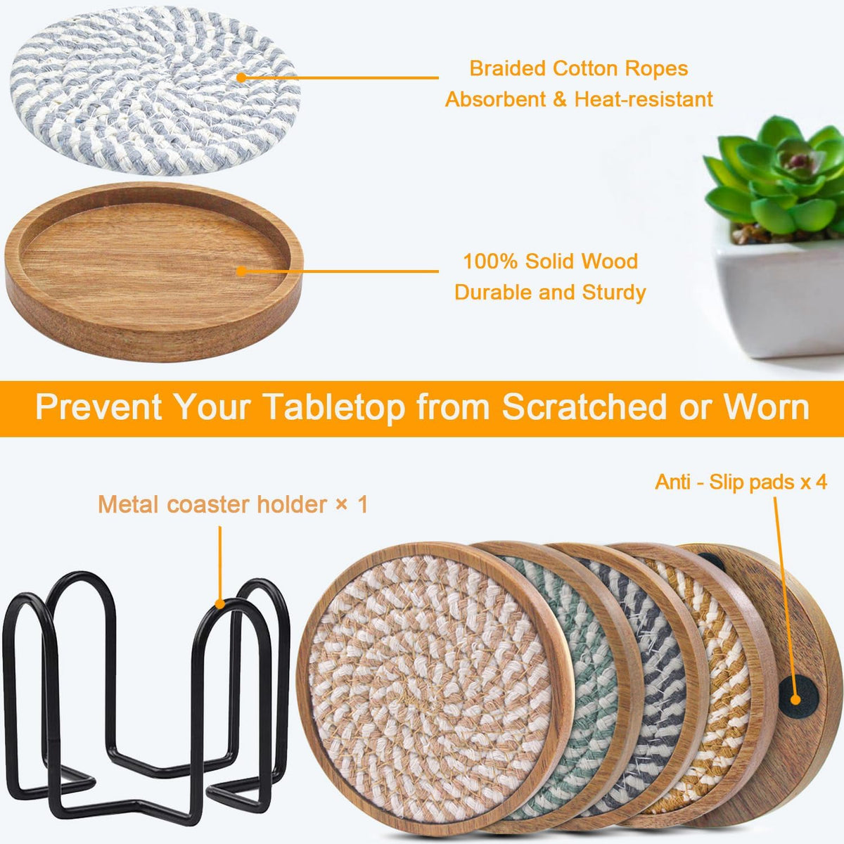 Wood Coasters for Drinks, Eykao Absorbent Coaster Sets of 5, Woven Drink Coasters for Coffee Table, Housewarming Gift for Farmhouse Home Decor,4 inches