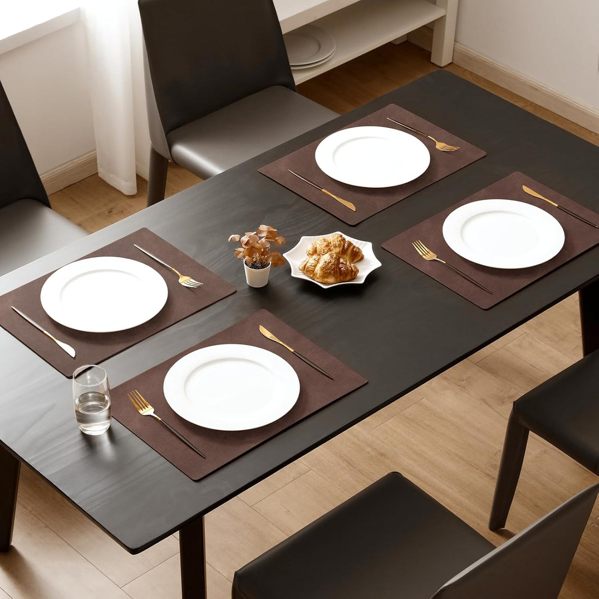 MOSAYT Vinyl Placemats Set of 6-12 X 17 Inch - Faux Leather 100% Waterproof Oil-Proof Wipeable PU Place Mats, Heat Resistant Reversible Table Mats for Kitchen, Dining, Outdoor, Reddish Brown