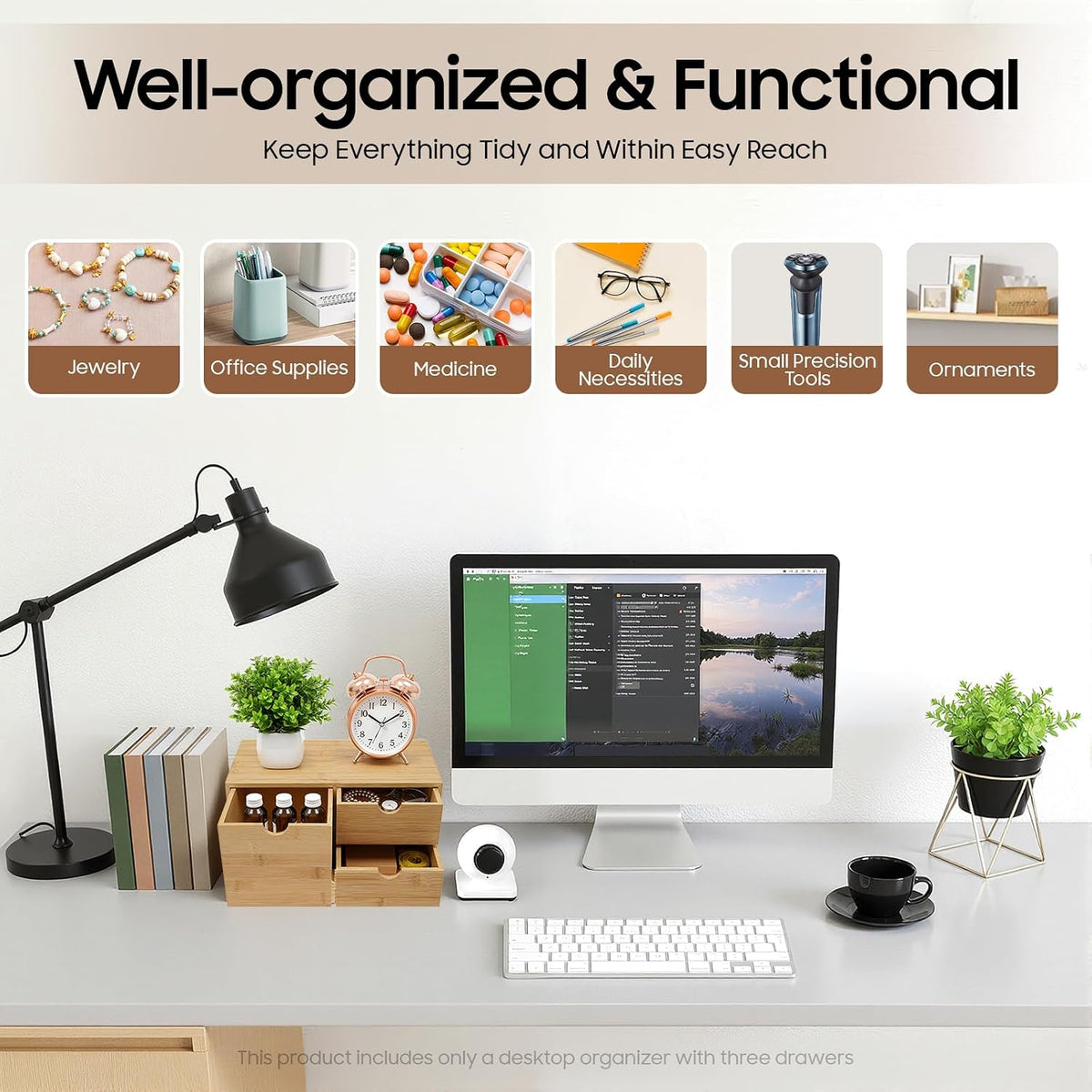 Desk Organizer, Office Vanity Bamboo Desk Organizer, Mini Bamboo Desk Drawer Tabletop Storage Box with 2 Drawer Night Stand Table Organizer for Makeup Vanity Office Supplies (2 Drawer)