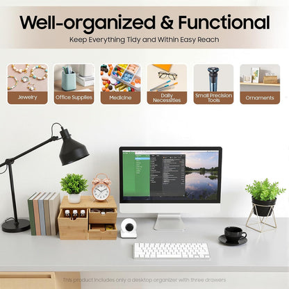 Desk Organizer, Office Vanity Bamboo Desk Organizer, Mini Bamboo Desk Drawer Tabletop Storage Box with 2 Drawer Night Stand Table Organizer for Makeup Vanity Office Supplies (2 Drawer)