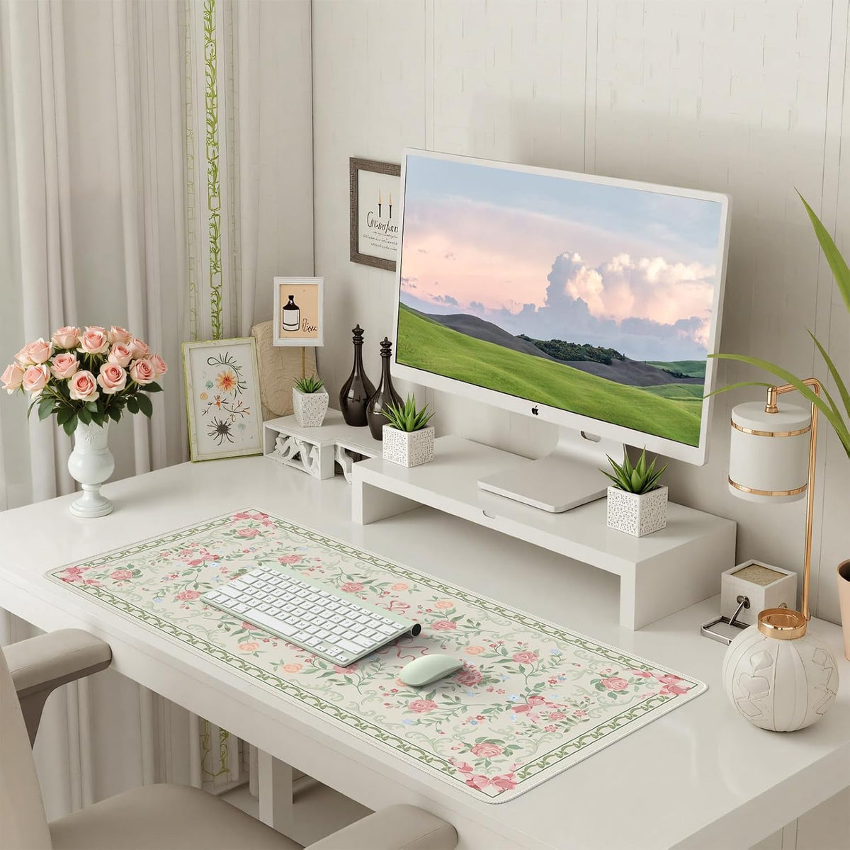 Desk Mat,Mouse Pad for Office Desk,35.4x15.7in,Pink Flowers