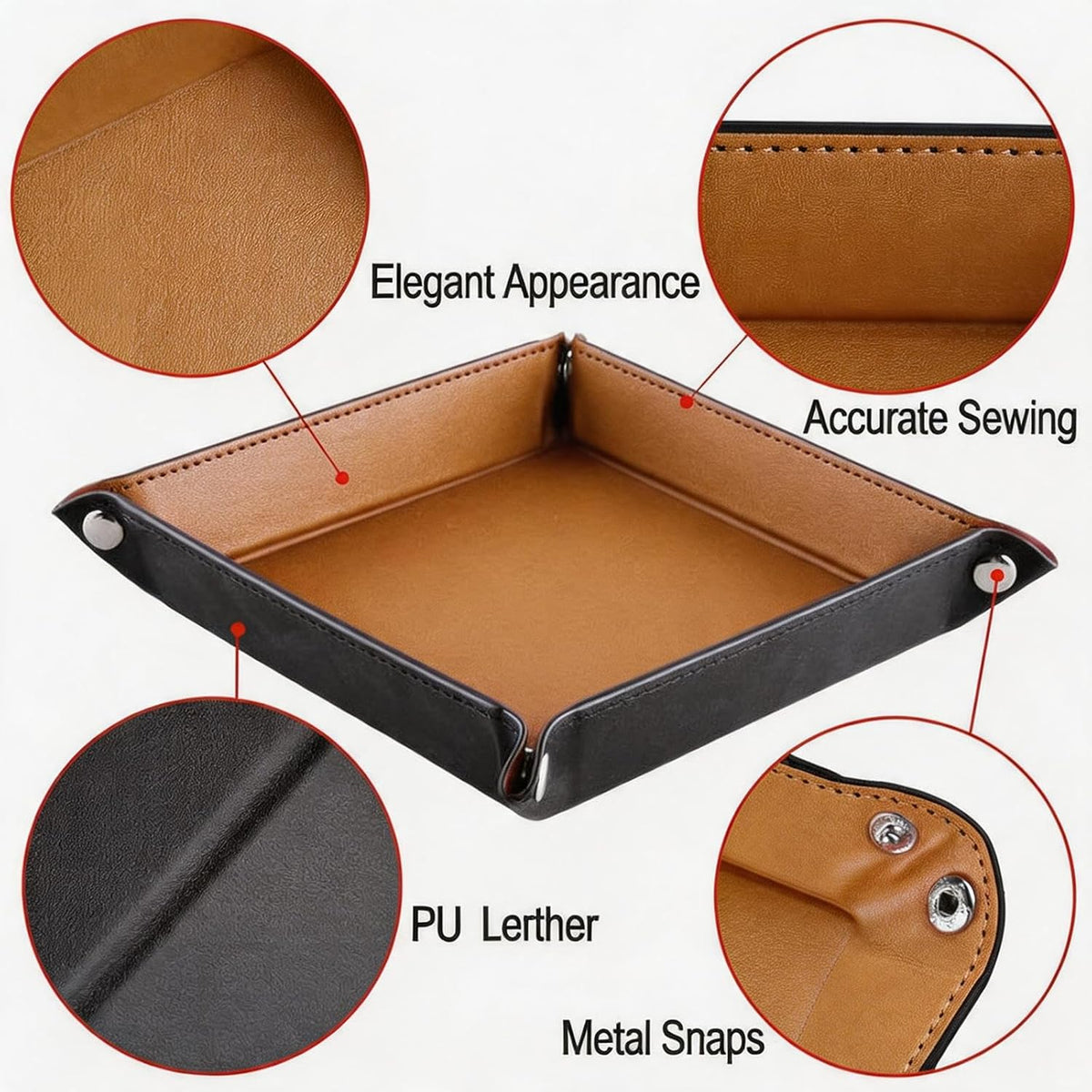 Valet Tray Desktop Storage Organizer – Vegan Leather Catchall Bedside Vanity Tray Nightstand Caddy Holder for Remote Controller, Watch, Keys, Phone, Wallet, Coin, Jewelry (Orange/Black)