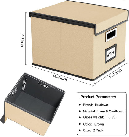 Upgraded Portable File Organizer Box with Lid, Collapsible Linen Hanging Filing Storage Boxes with Plastic Slides, Decorative Home/Office Filing System Box for File and Folders Storage (Gray)