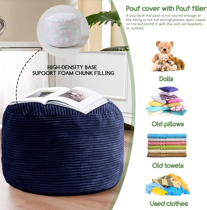 Round Stuffed Pouf Ottoman, Corduroy Poufs with Foam Chunk Filling, Furry and Fluffy Pouf Foot Stool Storage Ottoman, 20 X 15 Floor Poufs Foot Rest for Living Room, Dark Grey