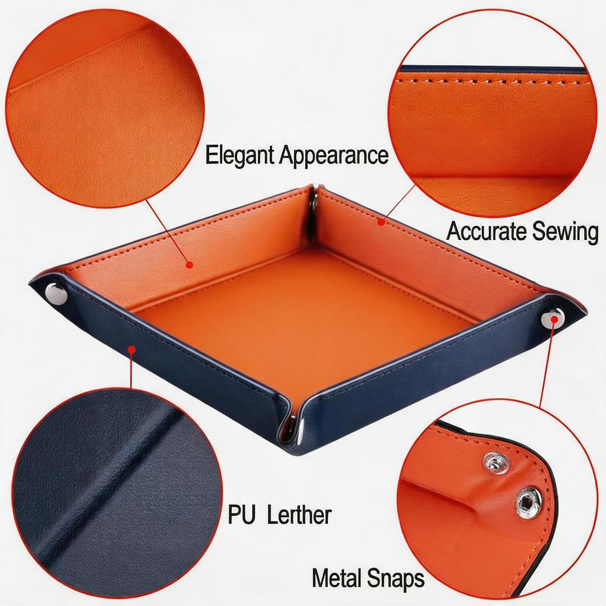 Valet Tray Desktop Storage Organizer – Vegan Leather Catchall Bedside Vanity Tray Nightstand Caddy Holder for Remote Controller, Watch, Keys, Phone, Wallet, Coin, Jewelry (Orange/Black)
