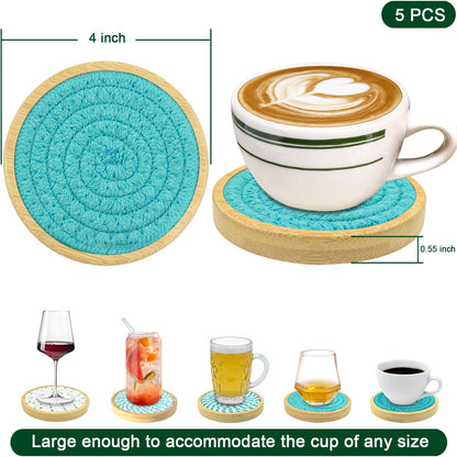 Wood Coasters for Drinks, Eykao Absorbent Coaster Sets of 5, Woven Drink Coasters for Coffee Table, Housewarming Gift for Farmhouse Home Decor,4 inches