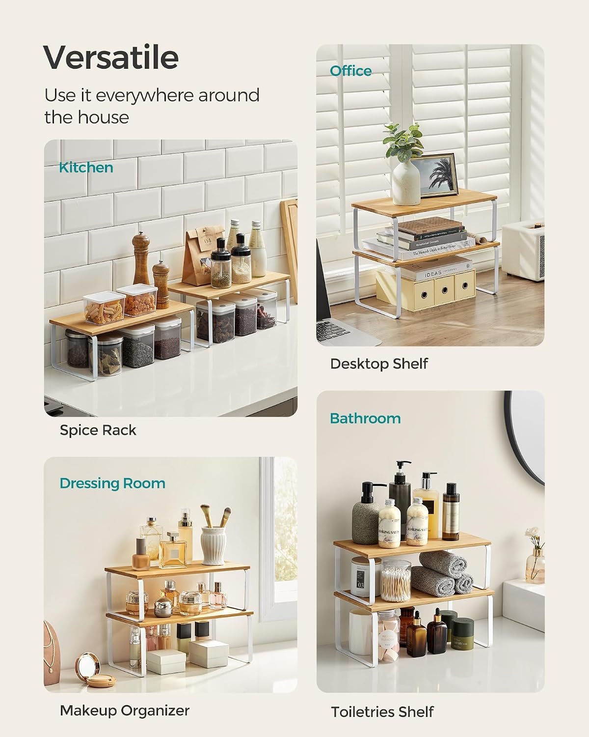 SONGMICS Cabinet Organizer Shelf, Set of 4 Kitchen Counter Shelves, Kitchen Storage, Spice Rack, Stackable, Expandable, Metal and Engineered Wood, Cloud White and Natural Beige UKCS010N01
