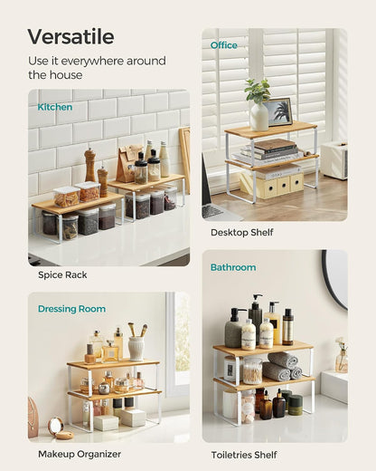 SONGMICS Cabinet Organizer Shelf, Set of 4 Kitchen Counter Shelves, Kitchen Storage, Spice Rack, Stackable, Expandable, Metal and Engineered Wood, Cloud White and Natural Beige UKCS010N01