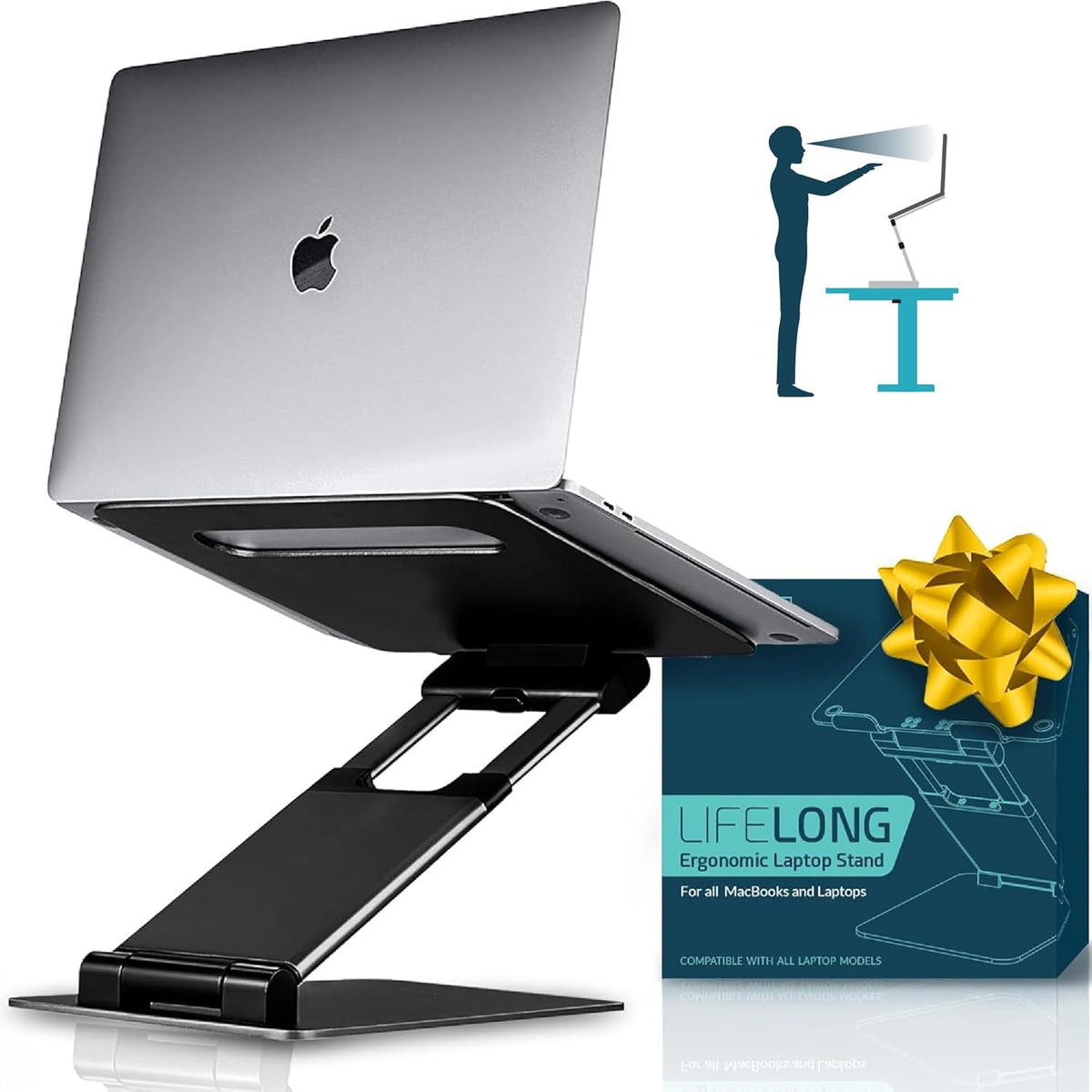 Lifelong Ergonomic Adjustable Laptop Stand for Desk, Extra Tall 20” Height Aluminum Laptop Riser, Portable Foldable Computer Stand, Fits 10-17” Laptops for Office Meetings, Teamwork & Desk Setup