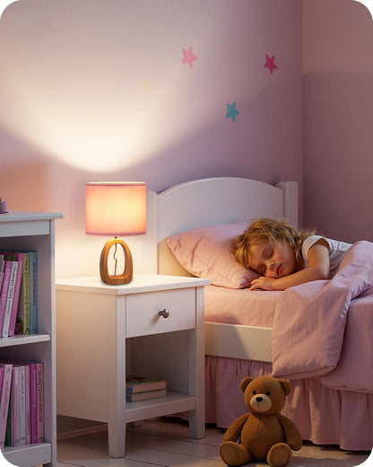Small Table Lamp, 14.2" Cute Little Desk Lamp, Wood Bedside Lamp with Linen Lampshade, Modern Nightstand Lamp for Bedroom, E26 Base, Bulb Not Included, Beige and Dark Natural LE07TL05