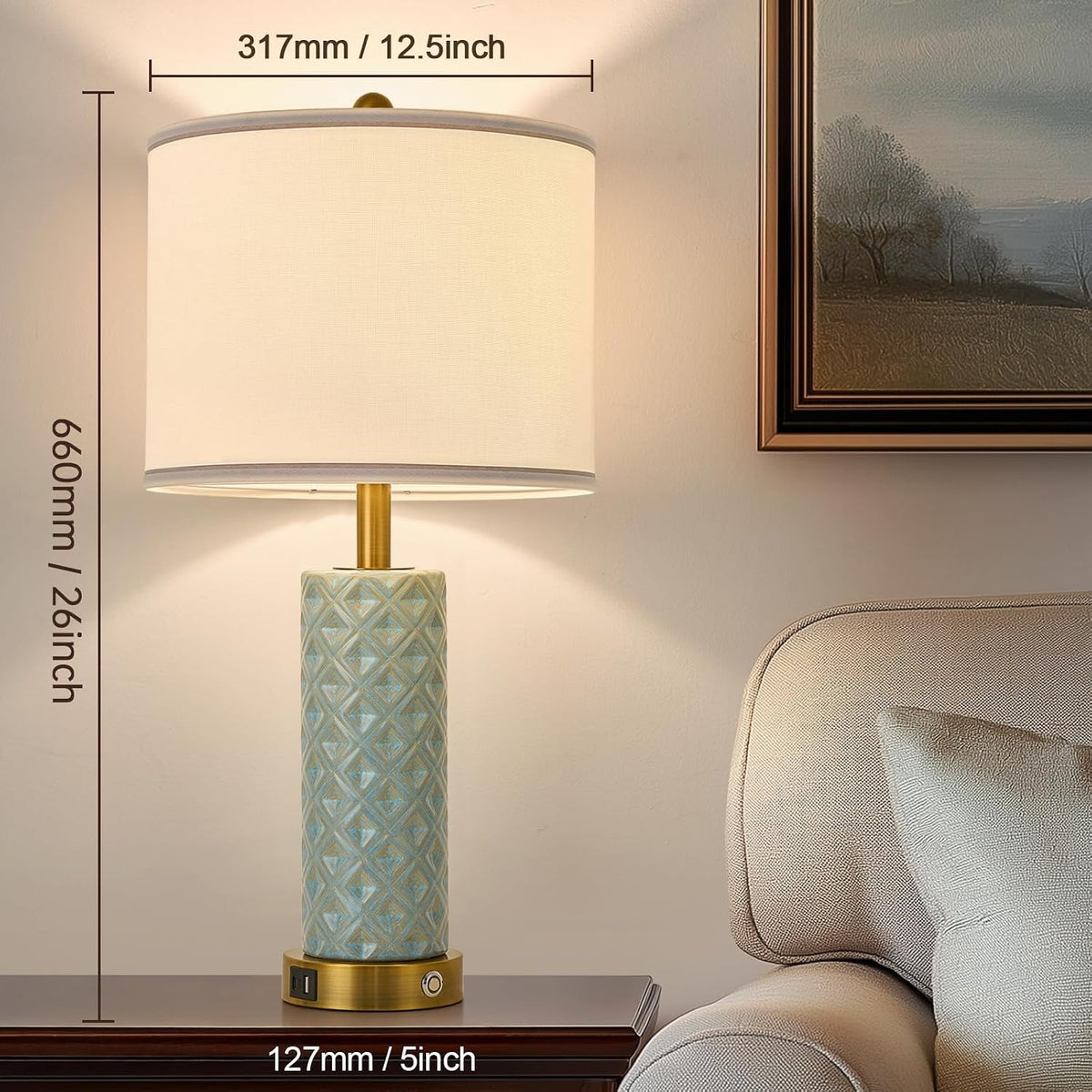 Small Bedside Table Lamp for Bedroom - Reading Desk Lamp with 3 Color Temperatures，15.5" Nightstand Ceramic Lamp with Fabric Shade for Kids Room,Living Room,Dorm,Home Office (Green)