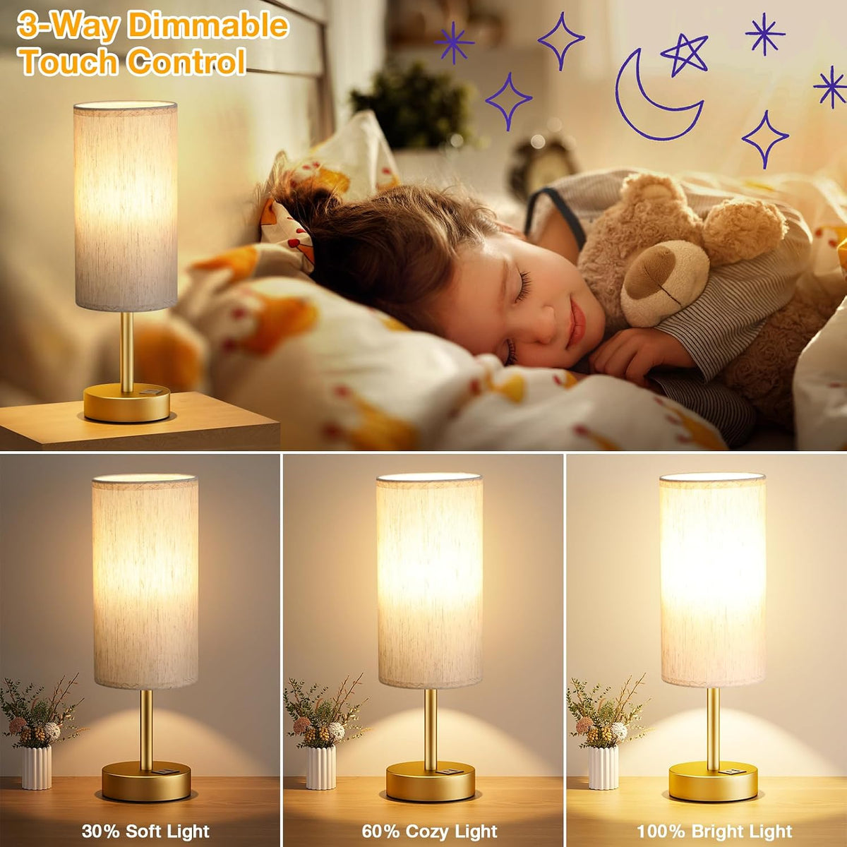 Dicoool Bedside Table Lamp for Bedroom - 3-Way Dimmable Touch Lamp, USB A+C