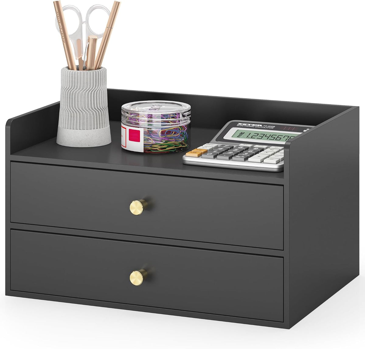 Bamboo Desk Organizer with Drawers Wooden Desktop Storage Drawers (1, Black 3 Drawer)